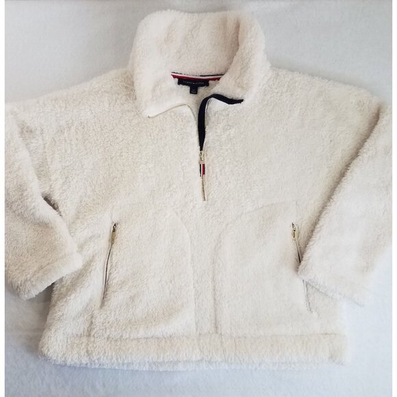 Tommy Hilfiger Sherpa Short Pullover Womens Fleece Cream ¼ Zip LARGE Pockets - Picture 1 of 13